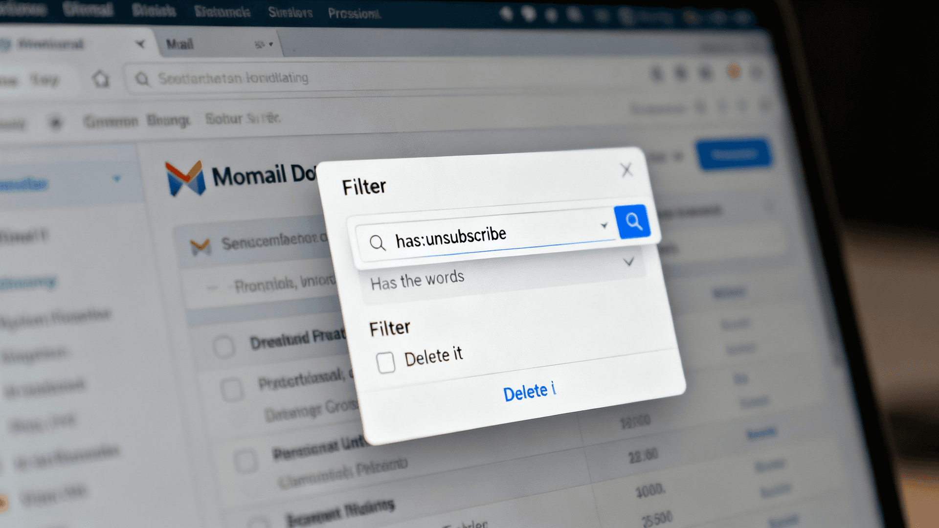 Gmail filter creation interface showing the has:unsubscribe filter setup with delete option selected for automatic promotional email blocking
